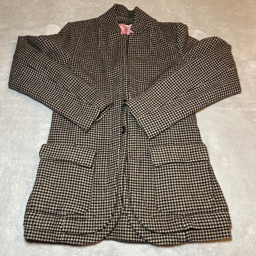Eddie Bauer Blazer Women 10T Brown Houndstooth 100% Wool Jacket Tall Pink Lining